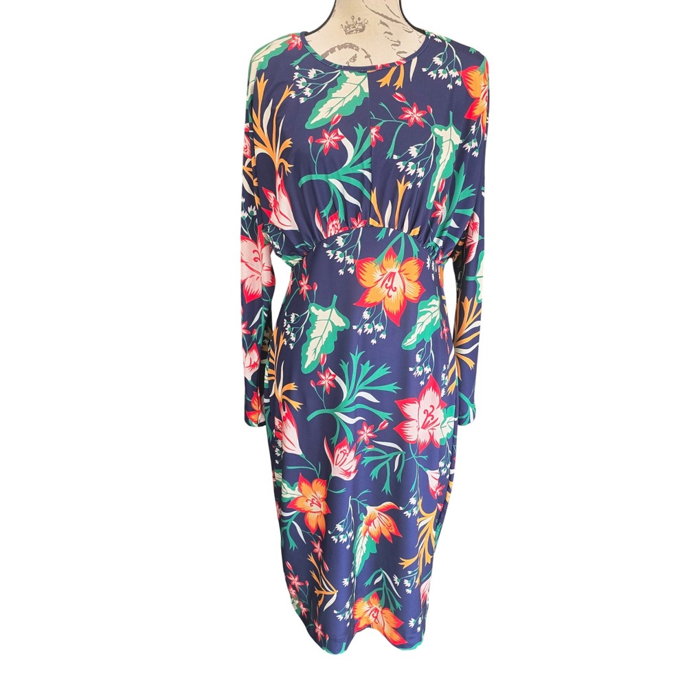 ZARA Women's Floral Long Sleeve Midi Dress Blue Orange Red Green Large